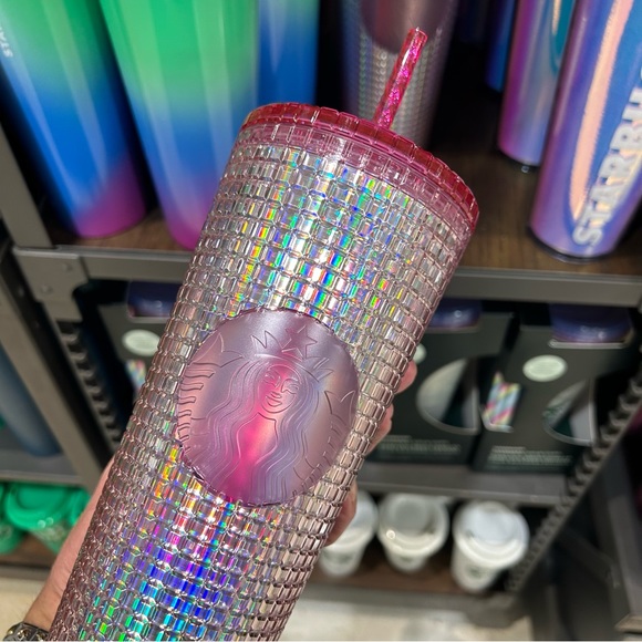 Starbucks Tim Singleton Pride Pink Iridescent Studded Grid Cup Tumbler 24oz 2023 - Picture 3 of 11